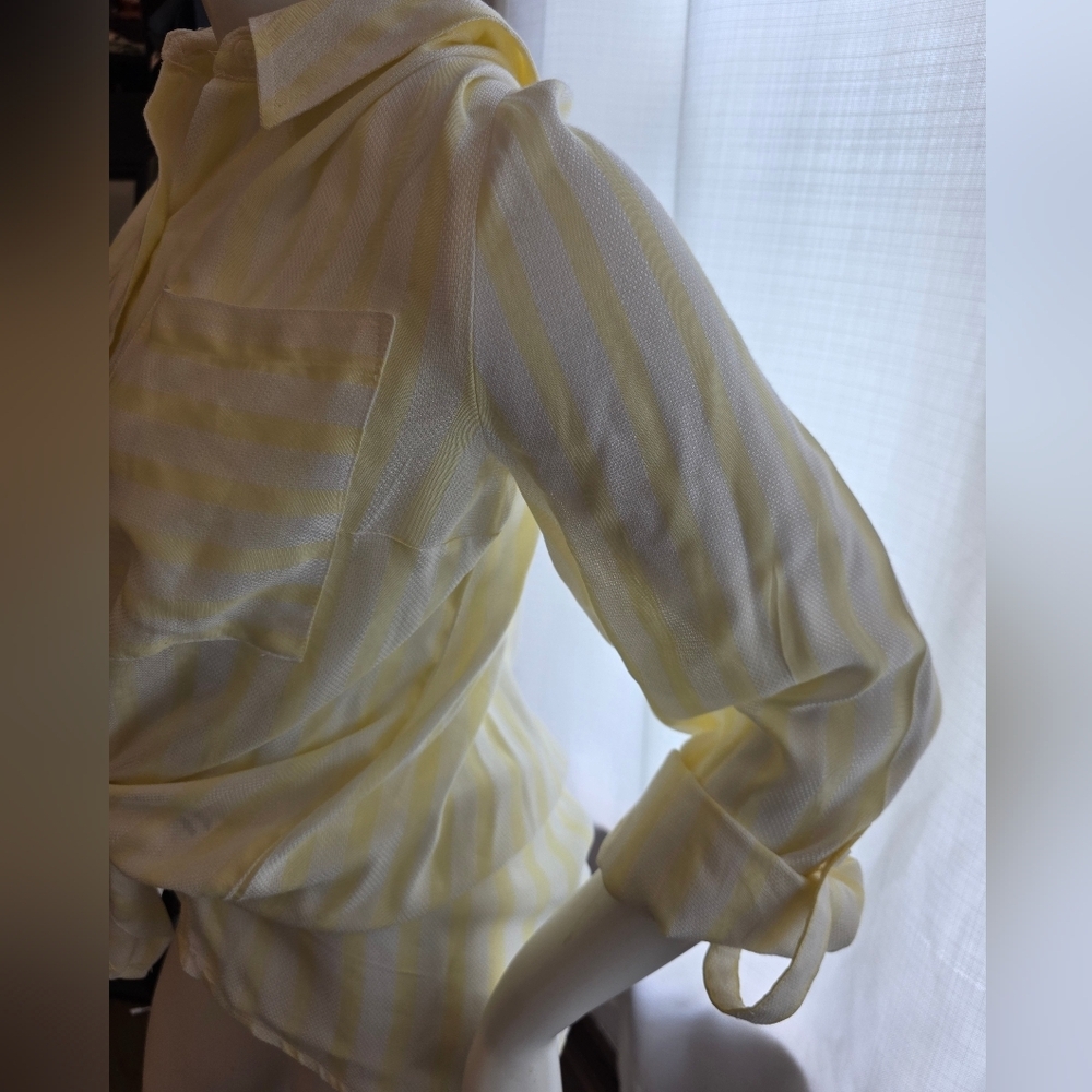 Light Yellow Stripe Tie-Front Women's Shirt - Picture 4 of 7